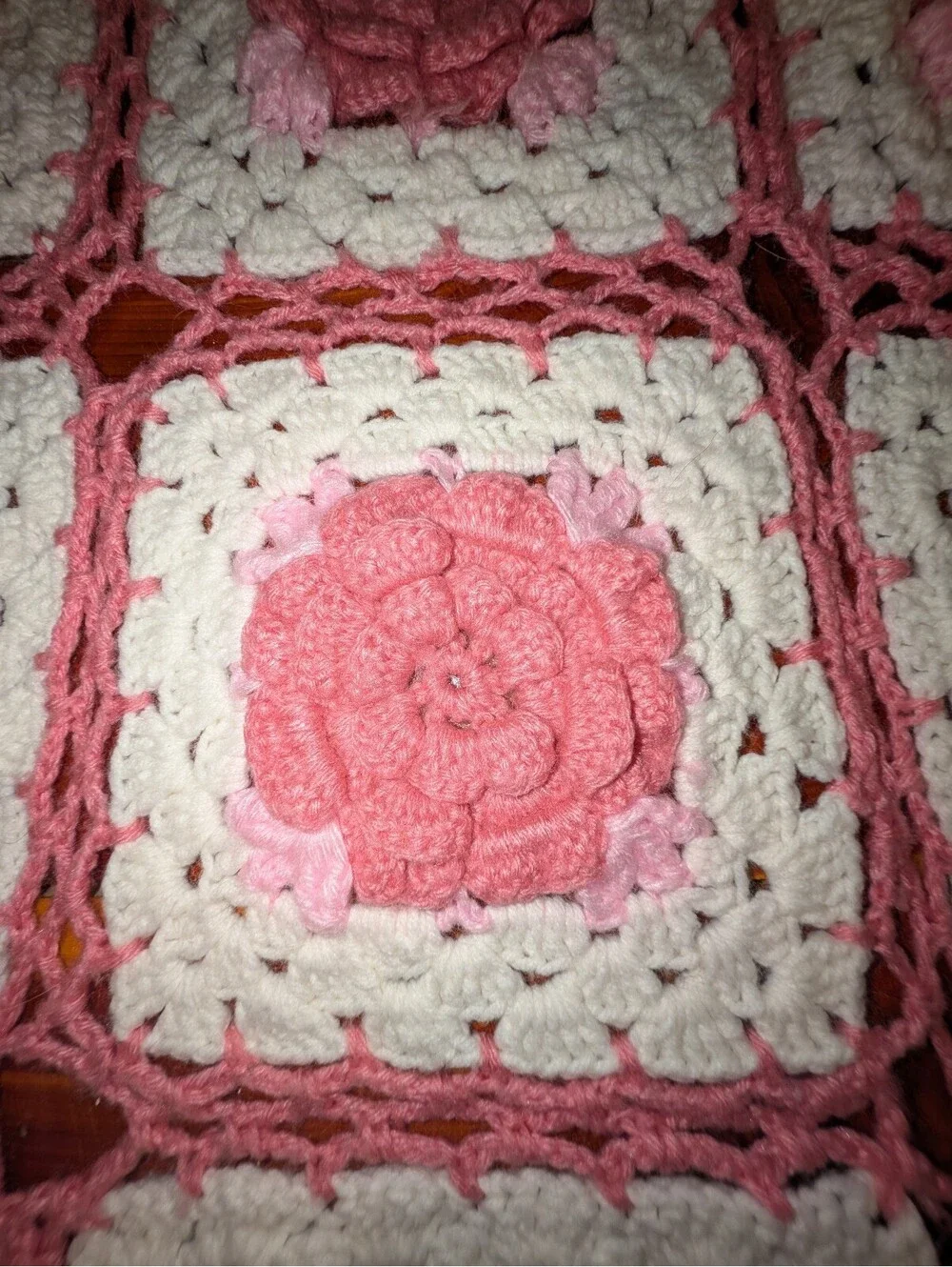 Handmade Crochet Pink and White Floral Blanket Throw 49x36 Inches